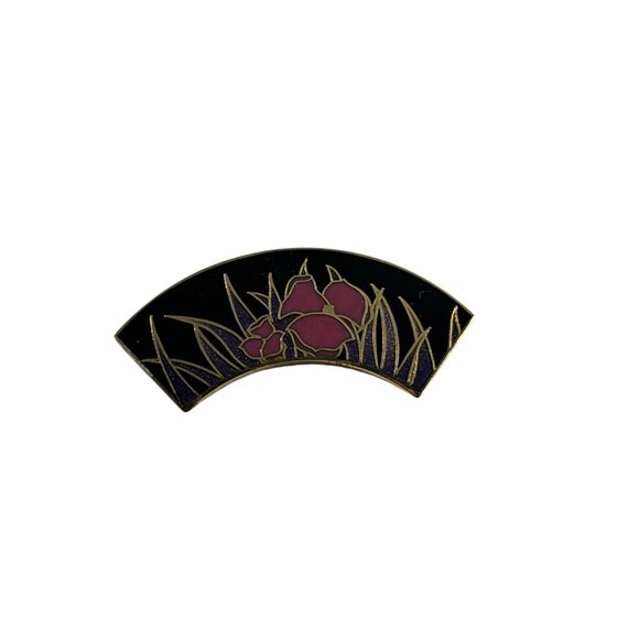 Vintage Isle of Skye Enamel Fan Brooch Pink Flowers Black Gold Tone Pin - Picture 1 of 7